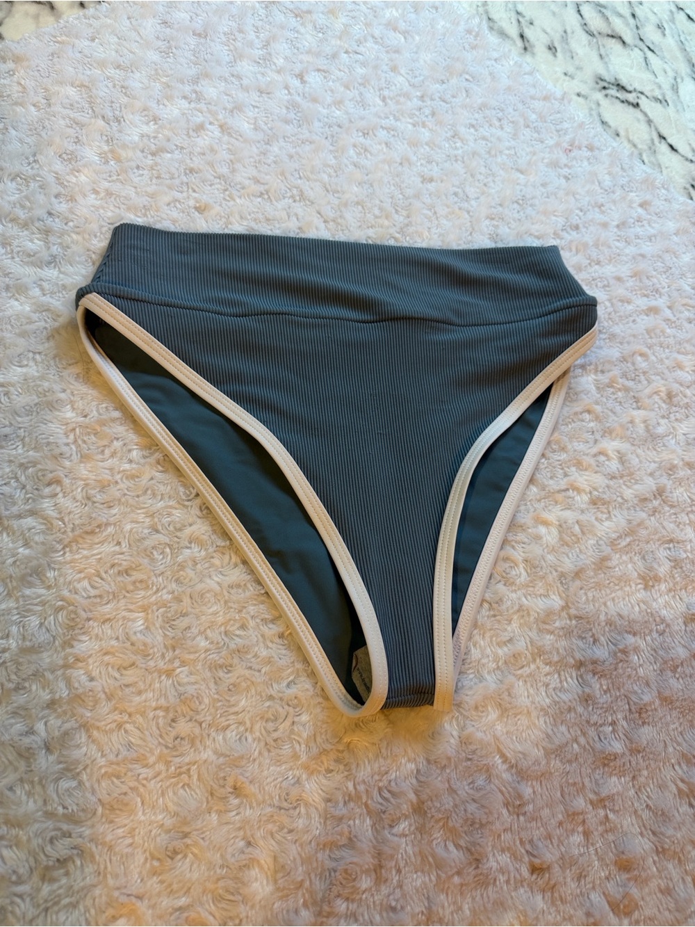 LainSnow High-Waist Ribbed Bikini Bottom in Slate Blue with White Trim Size L.